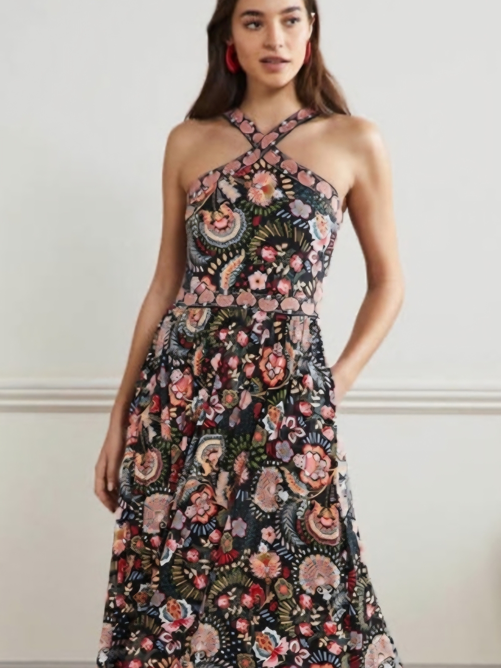 Boden One-Shoulder Black Floral Midi Dress